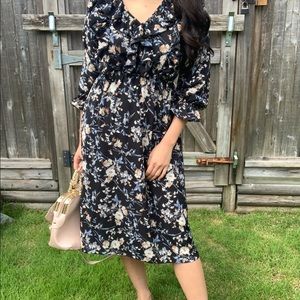 Korean dark navy floral midi dress 3/4 sleeves